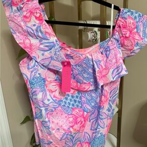 Lilly Pulitzer Vibrant Pink and Blue Ruffle Blouse